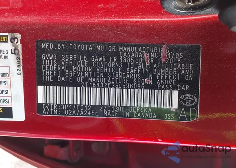 2006 Toyota Corolla S from USA, damaged, VIN 2T1BR32E36C596096